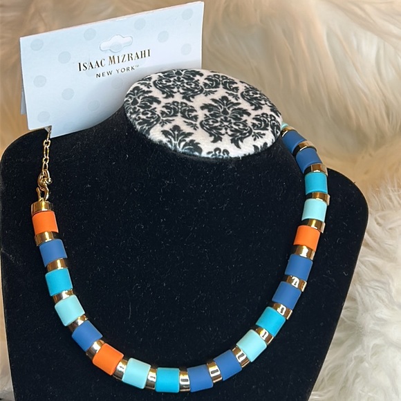 NWT ISAAC MIZRAHI Necklace Orange, Blue & Gold - Picture 2 of 7